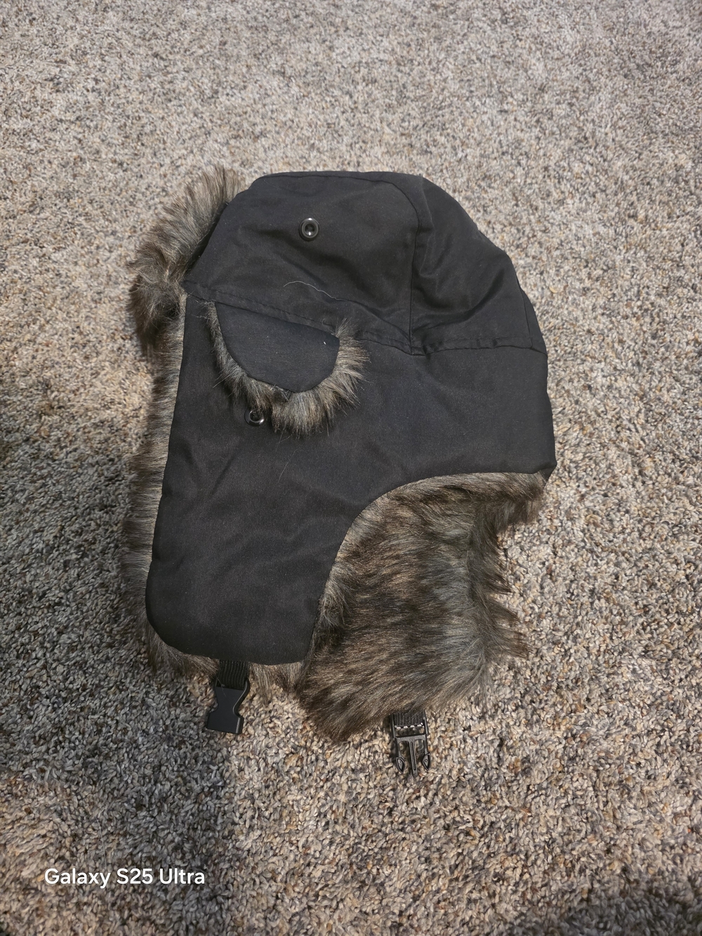 Source Unknown Black Trapper Hat with Brown Faux Fur Trim